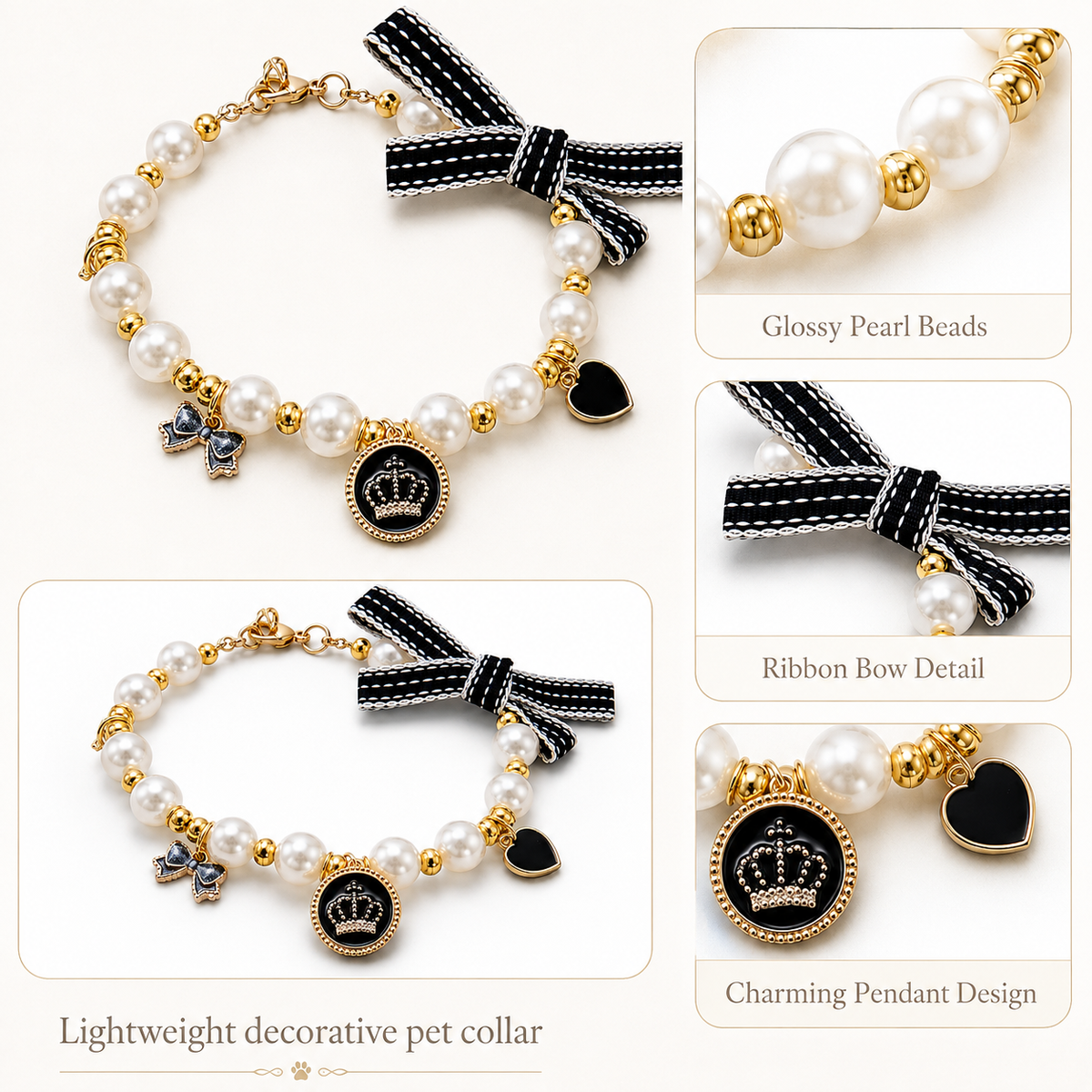 Ivory Pearl Bow & Crown Pet Necklace — view 4