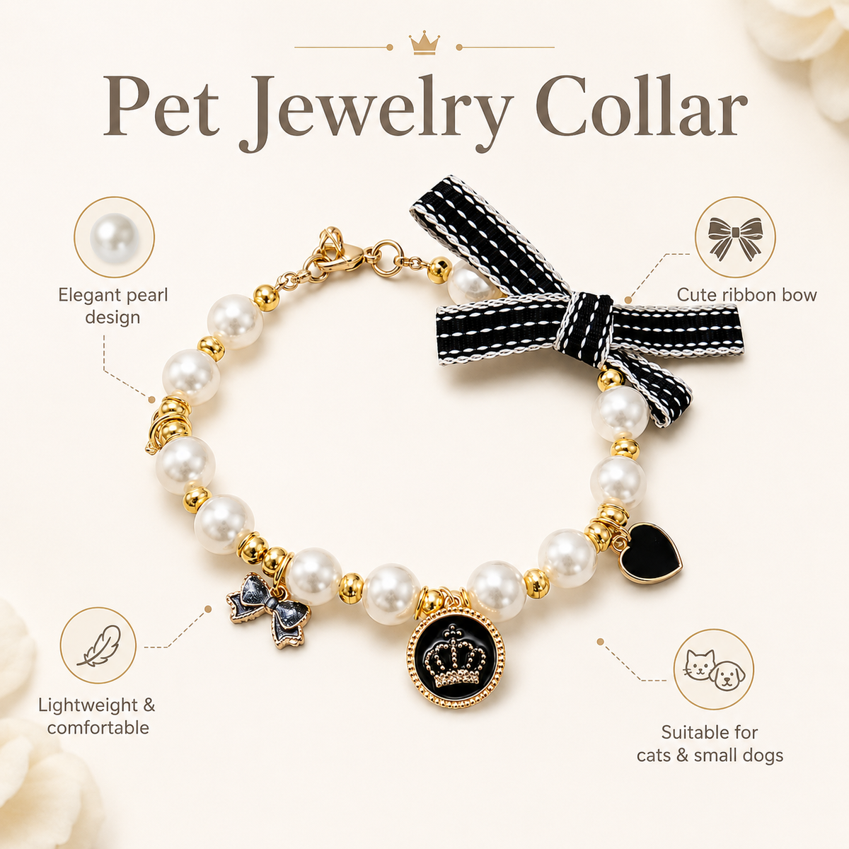 Ivory Pearl Bow & Crown Pet Necklace — view 6