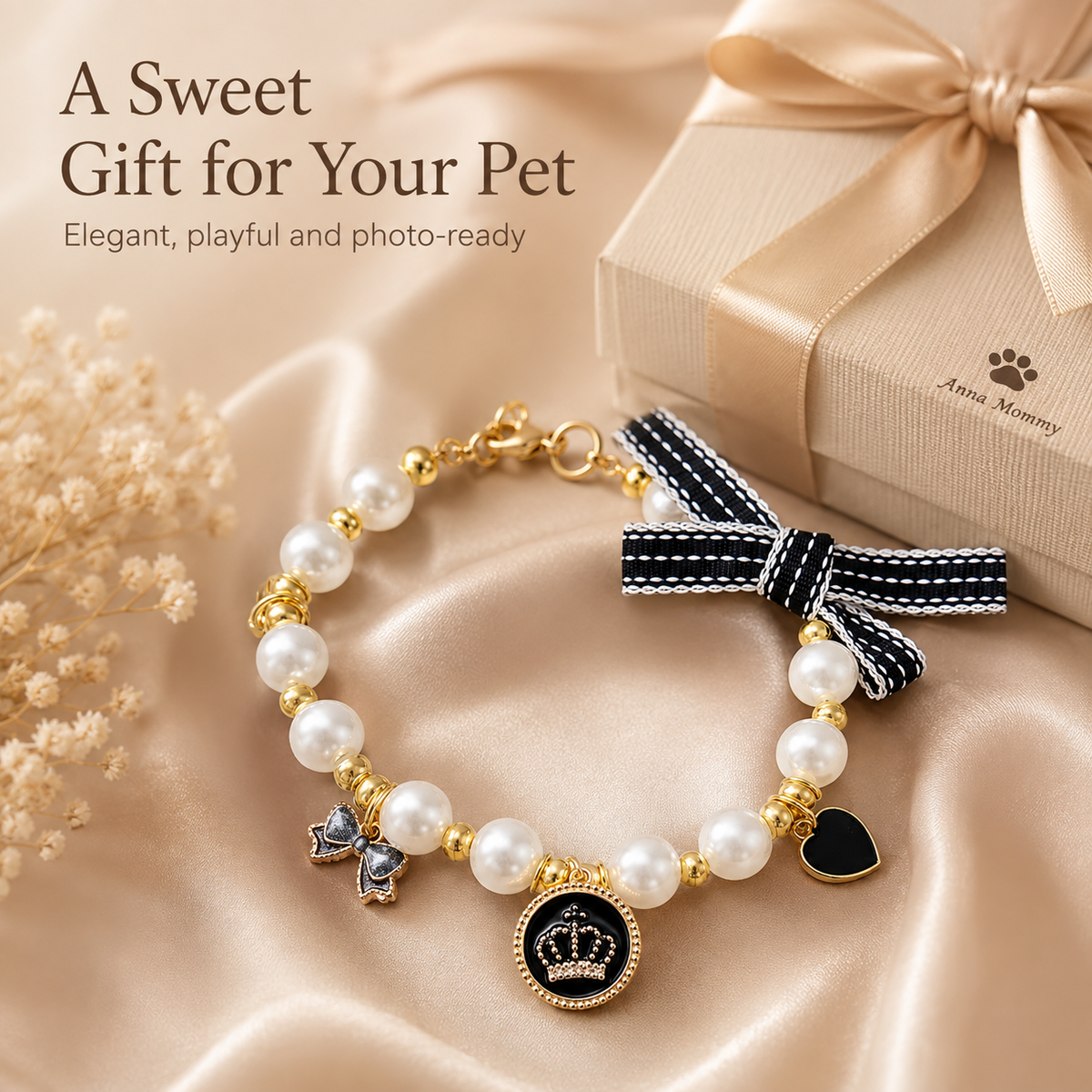 Ivory Pearl Bow & Crown Pet Necklace — view 7
