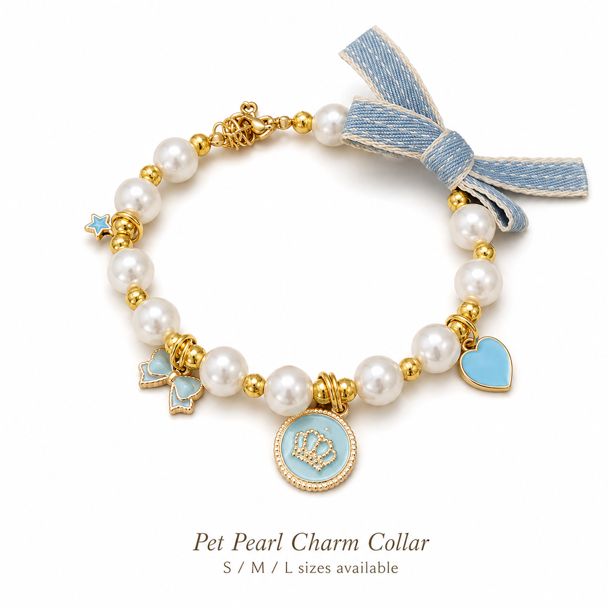 Light Blue Pearl Bow & Crown Pet Necklace — view 8