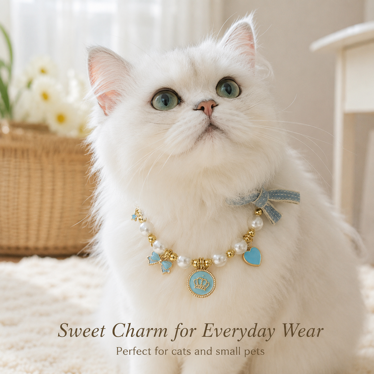 Light Blue Pearl Bow & Crown Pet Necklace — view 7