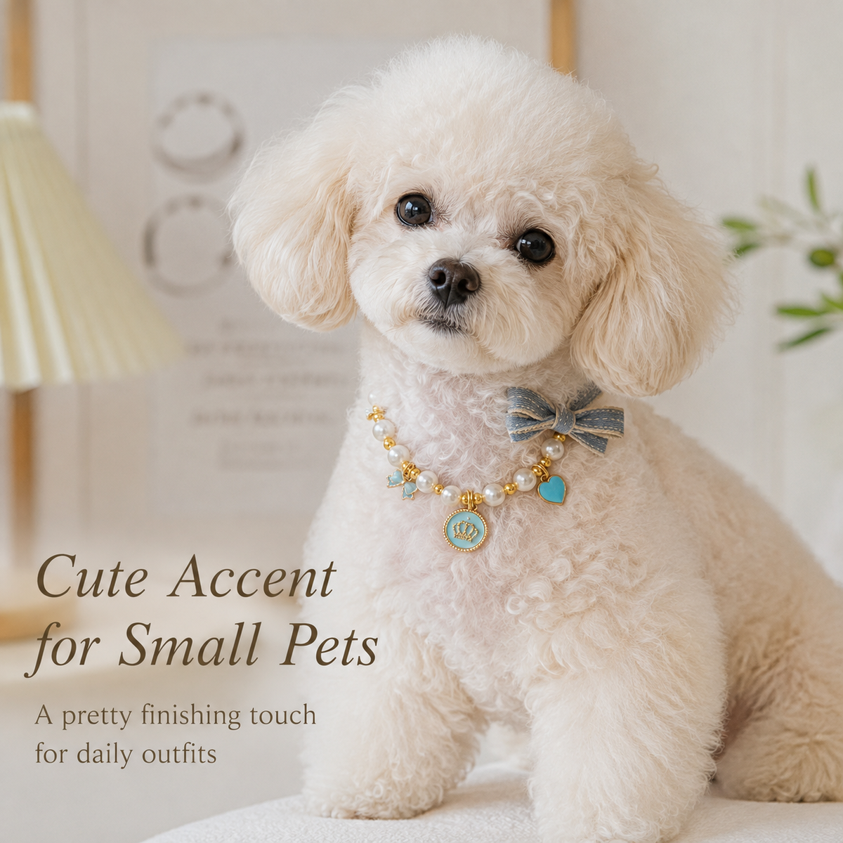 Light Blue Pearl Bow & Crown Pet Necklace — view 6