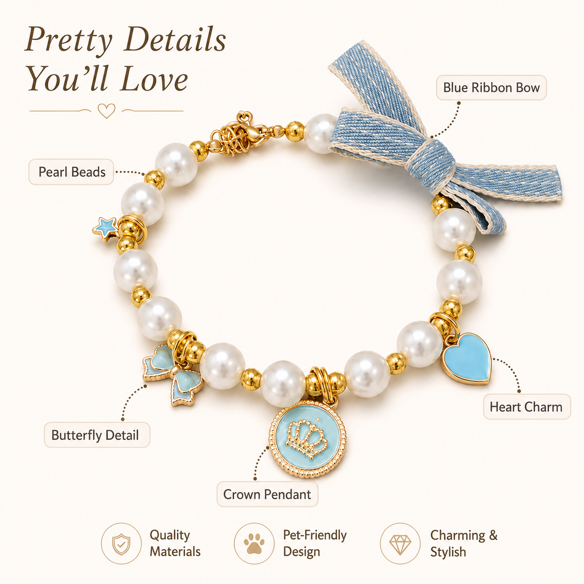 Light Blue Pearl Bow & Crown Pet Necklace — view 5