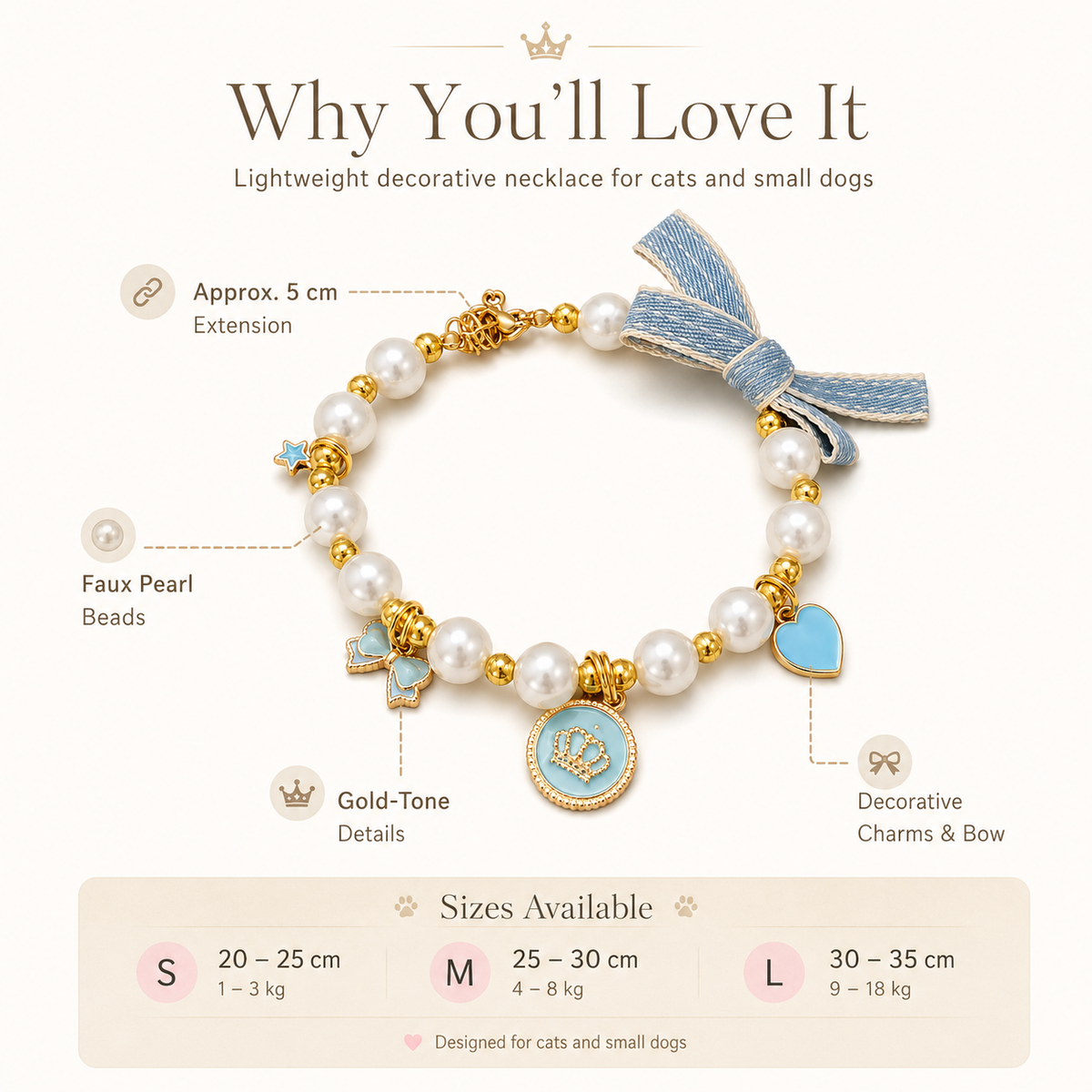 Light Blue Pearl Bow & Crown Pet Necklace — view 3
