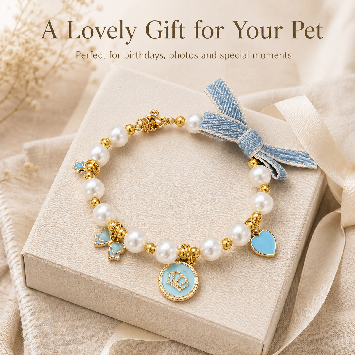 Light Blue Pearl Bow & Crown Pet Necklace — view 2