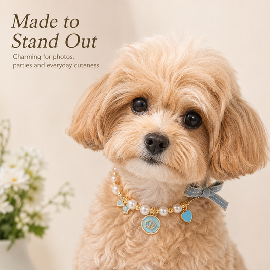 Light Blue Pearl Bow & Crown Pet Necklace — view 1