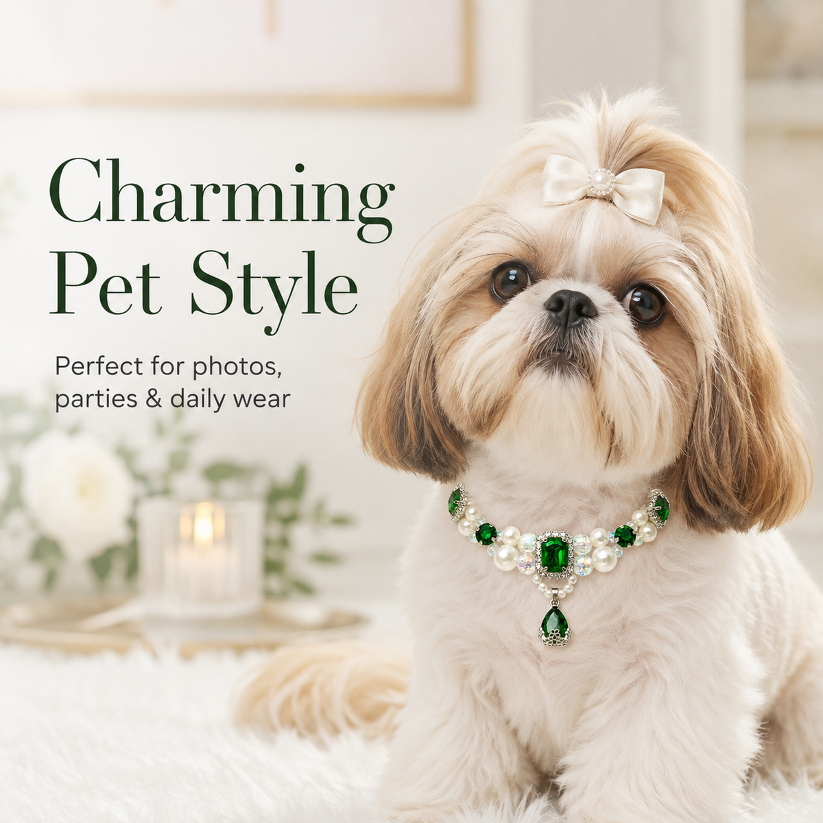 Emerald Pearl & Crystal Pet Necklace — view 5
