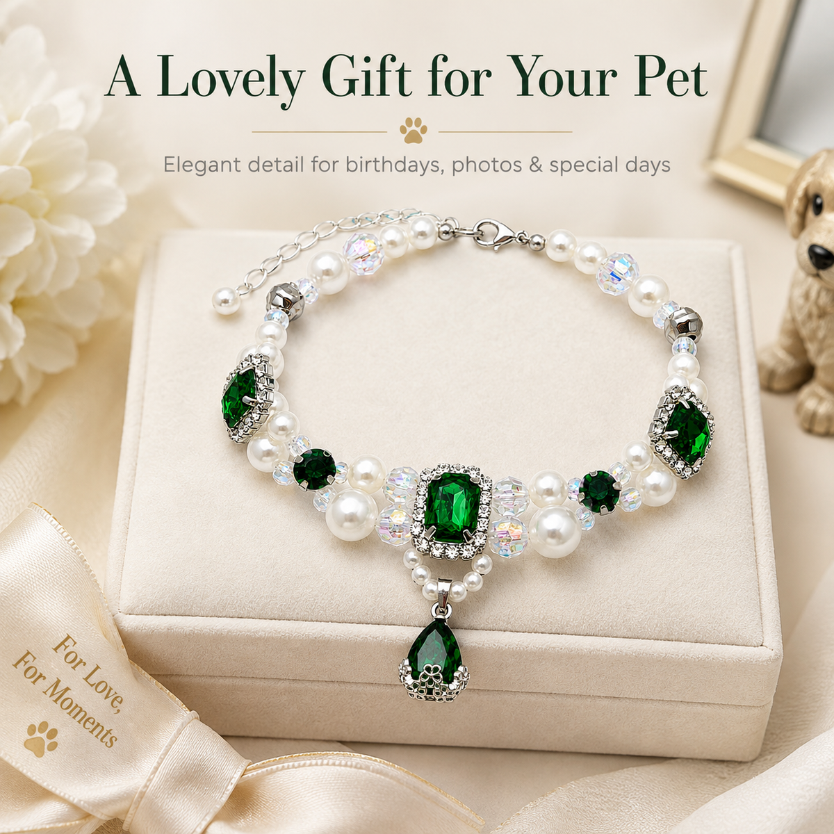 Emerald Pearl & Crystal Pet Necklace — view 3