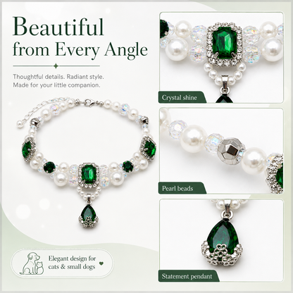 Emerald Pearl & Crystal Pet Necklace — view 1