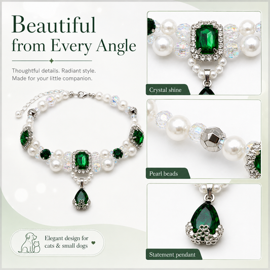 Emerald Pearl & Crystal Pet Necklace — view 1