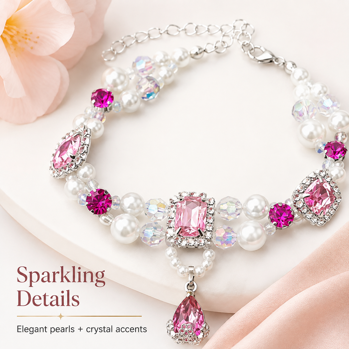 Pink Crystal Pearl Pet Collar — view 5