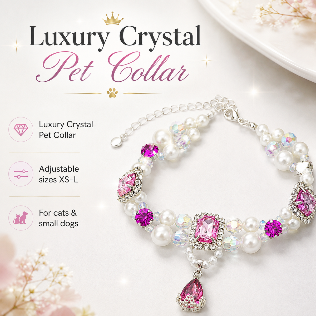 Pink Crystal Pearl Pet Collar — view 3