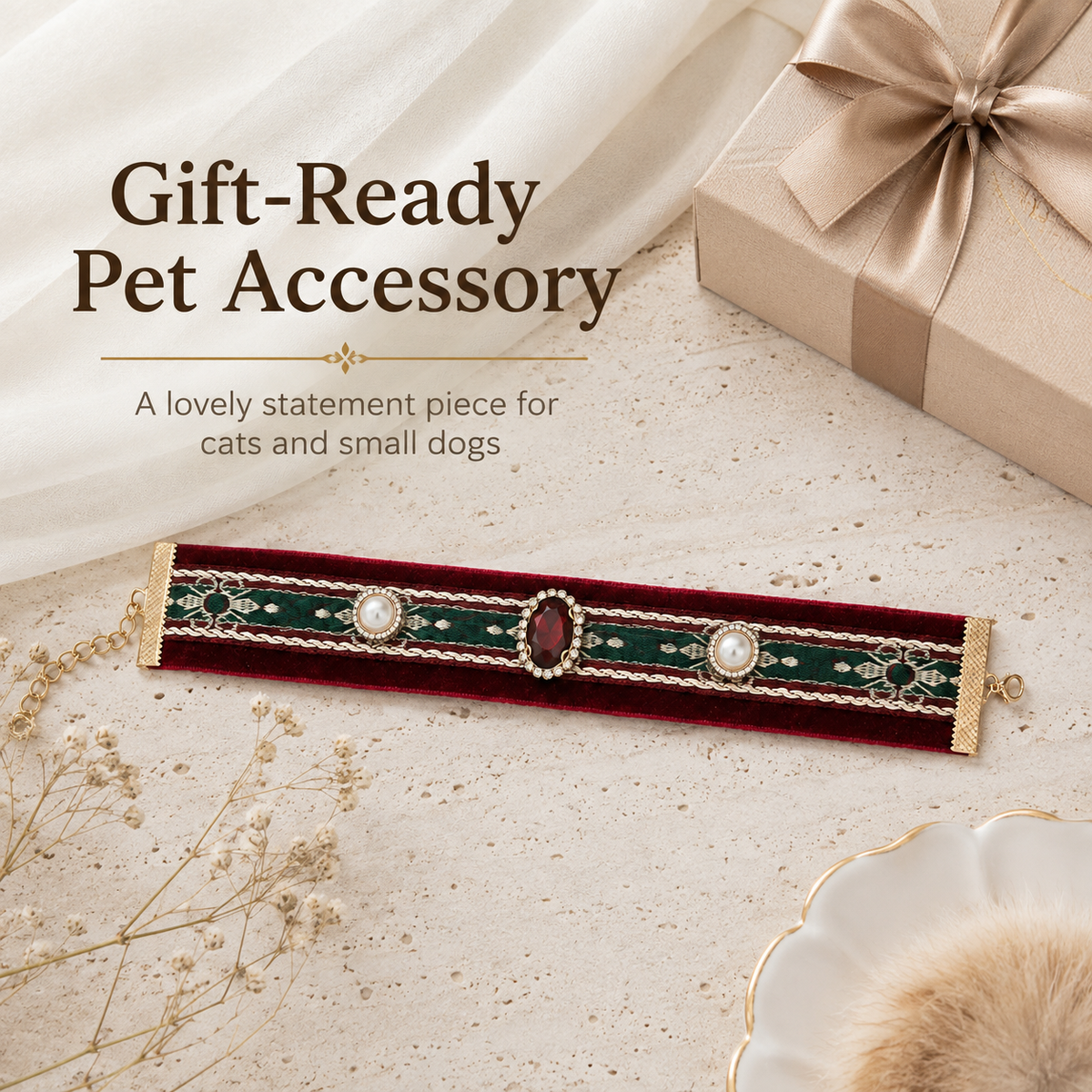 Vintage Velvet Pearl Pet Collar — view 5