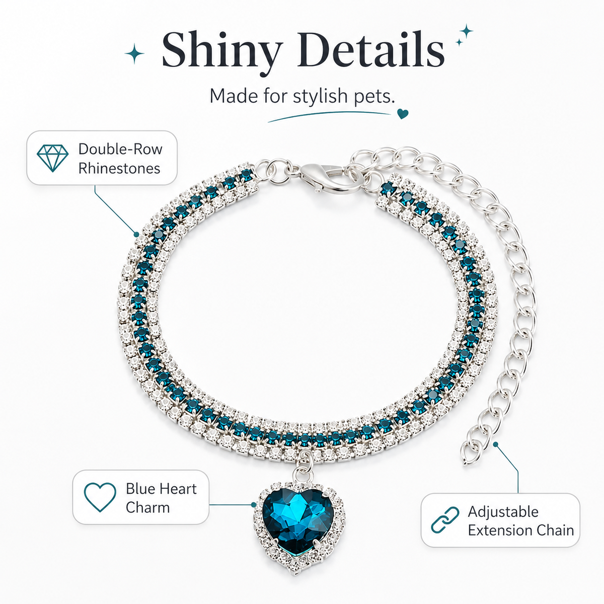Ocean Blue Heart Rhinestone Pet Collar — view 7