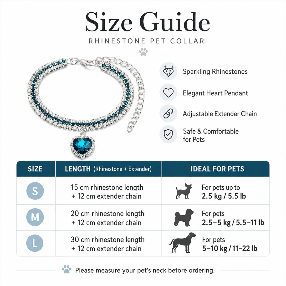 Ocean Blue Heart Rhinestone Pet Collar — view 6