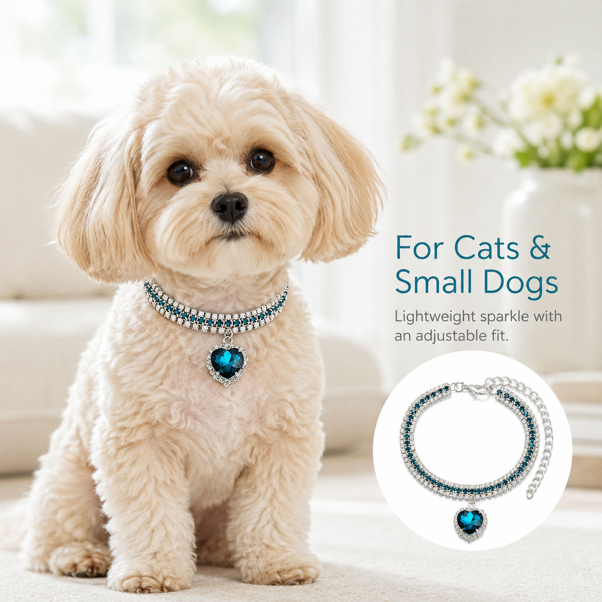 Ocean Blue Heart Rhinestone Pet Collar — view 4