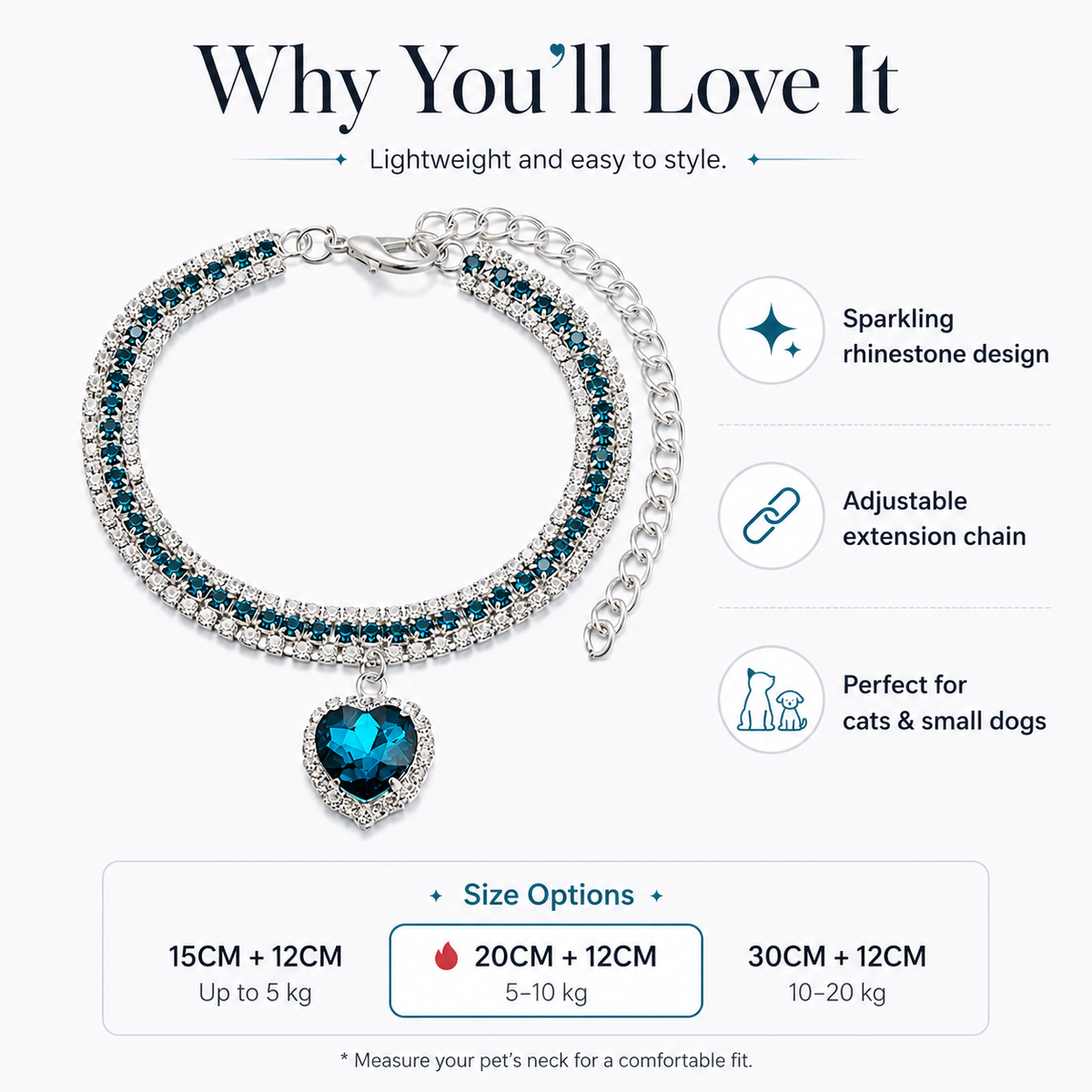 Ocean Blue Heart Rhinestone Pet Collar — view 3