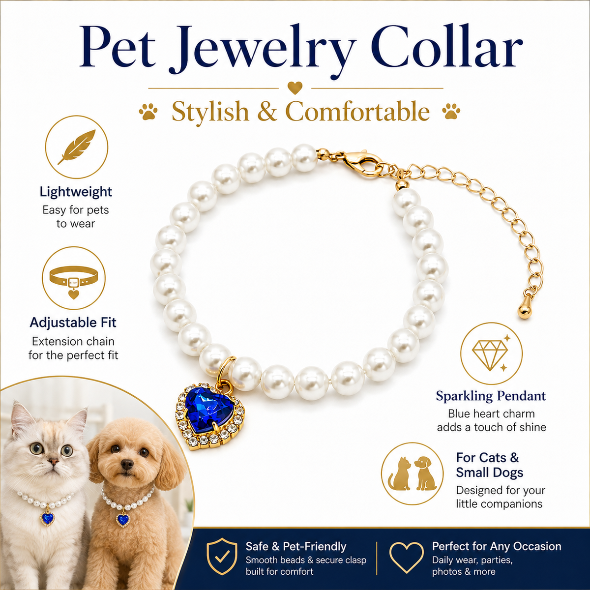 Blue Heart Pearl Pet Necklace — view 3
