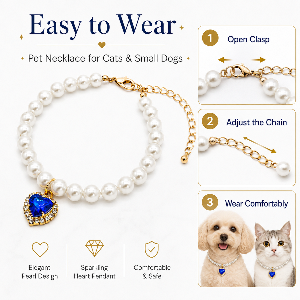 Blue Heart Pearl Pet Necklace — view 1