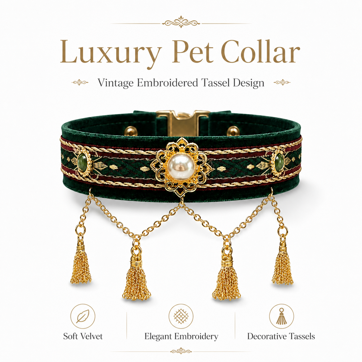 Royal Pearl & Gold Tassel Pet Collar — view 8