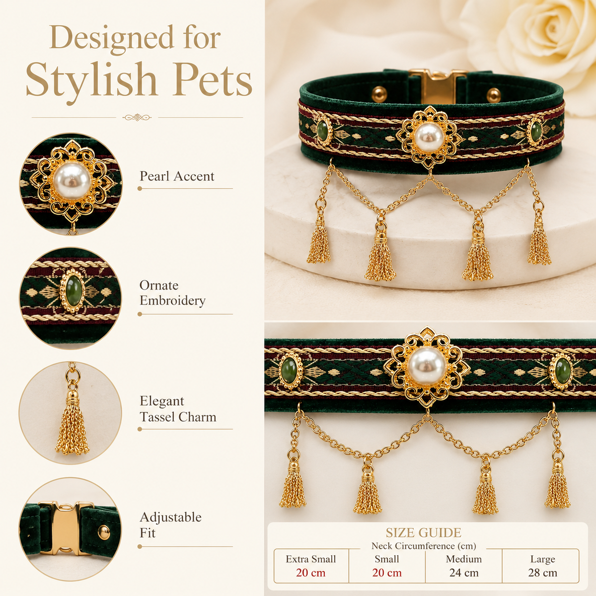 Royal Pearl & Gold Tassel Pet Collar — view 6