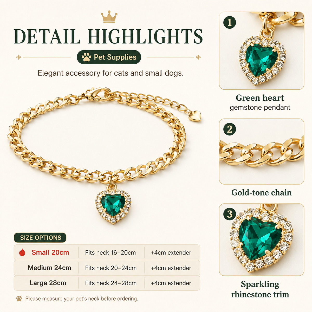 Emerald Heart Cuban Chain Pet Necklace — view 7