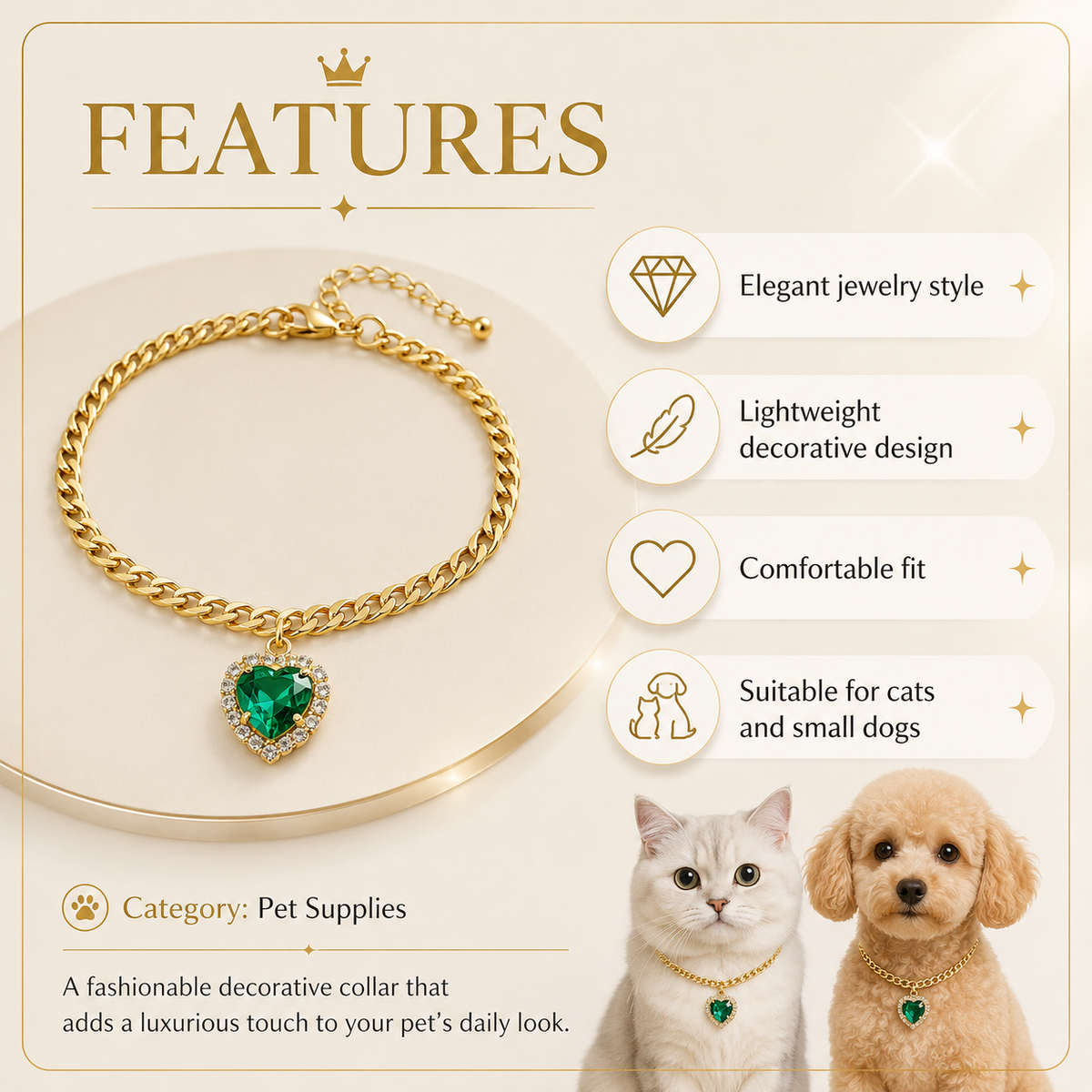 Emerald Heart Cuban Chain Pet Necklace — view 3